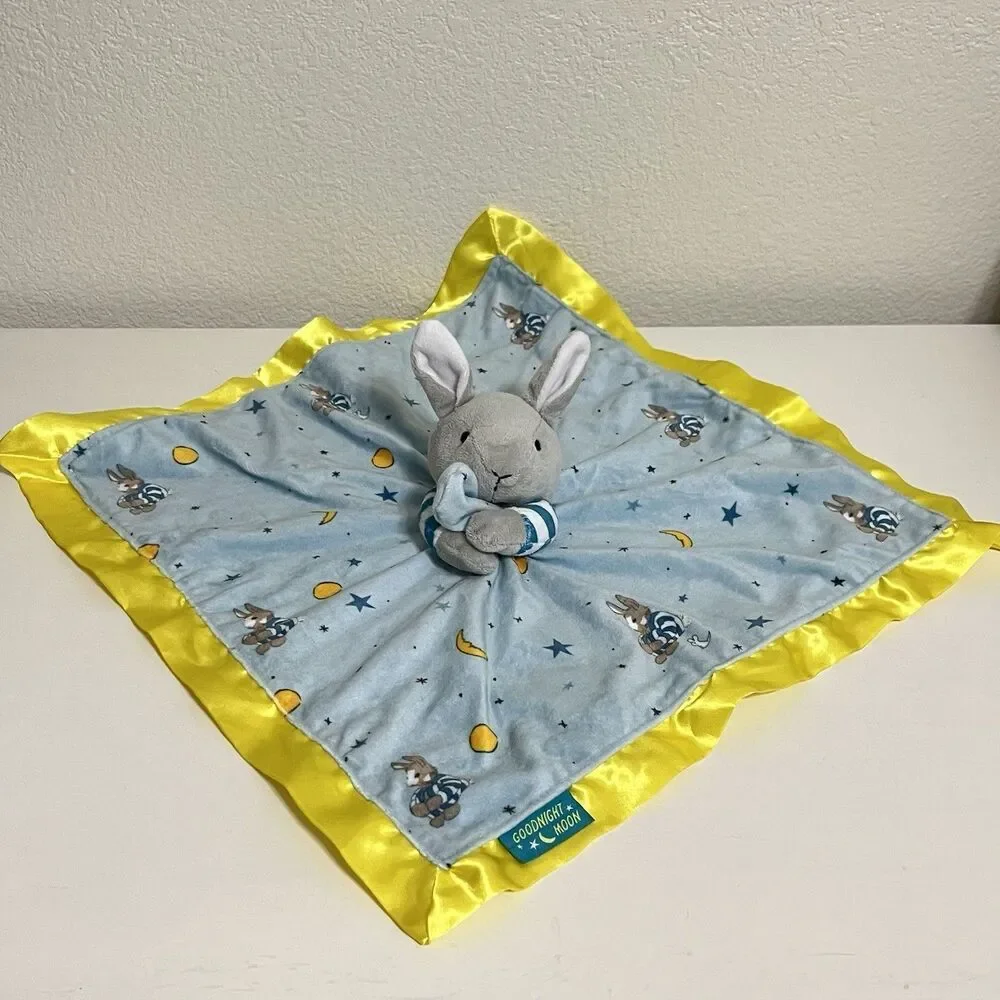 Goodnight Moon Bunny Security Blanket Lovey Lovie Blankie Blue Satin Trim